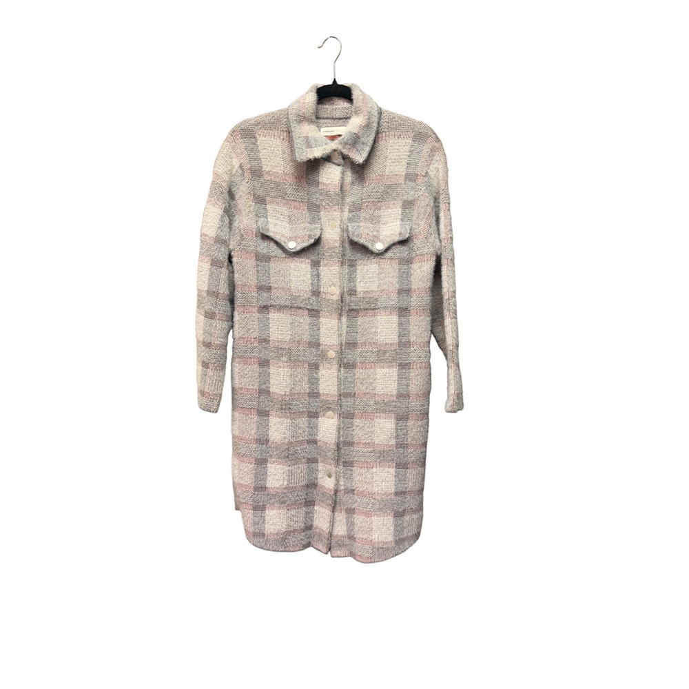Anthropologie Pilcro Plaid Eyelash Knit Longline Shacket Cardigan XS Grey Pink